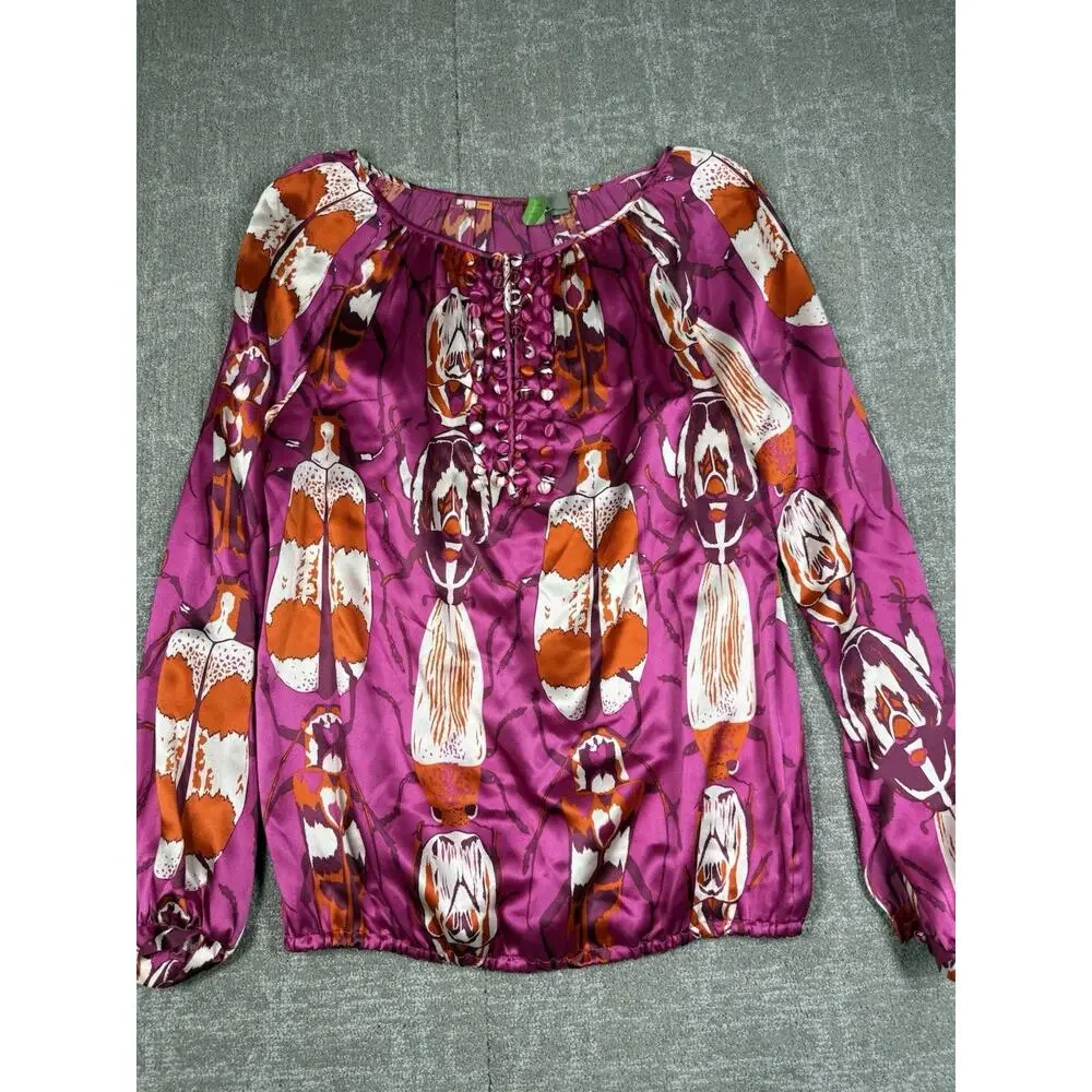 Tory Burch 100% Silk Beetle Print Top Fuchsia Orange Cream Size 6 - Picture 2 of 8